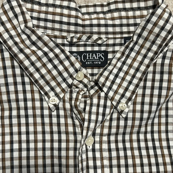 Chaps Mens XL button up short sleeve plaid shirt brown navy cream - Picture 2 of 6